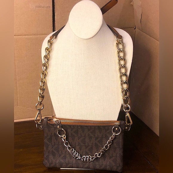 MICHAEL KORS MK Monogram Tan Brown Crossbody Bag with Two Tone Metal Hardware - Picture 3 of 17